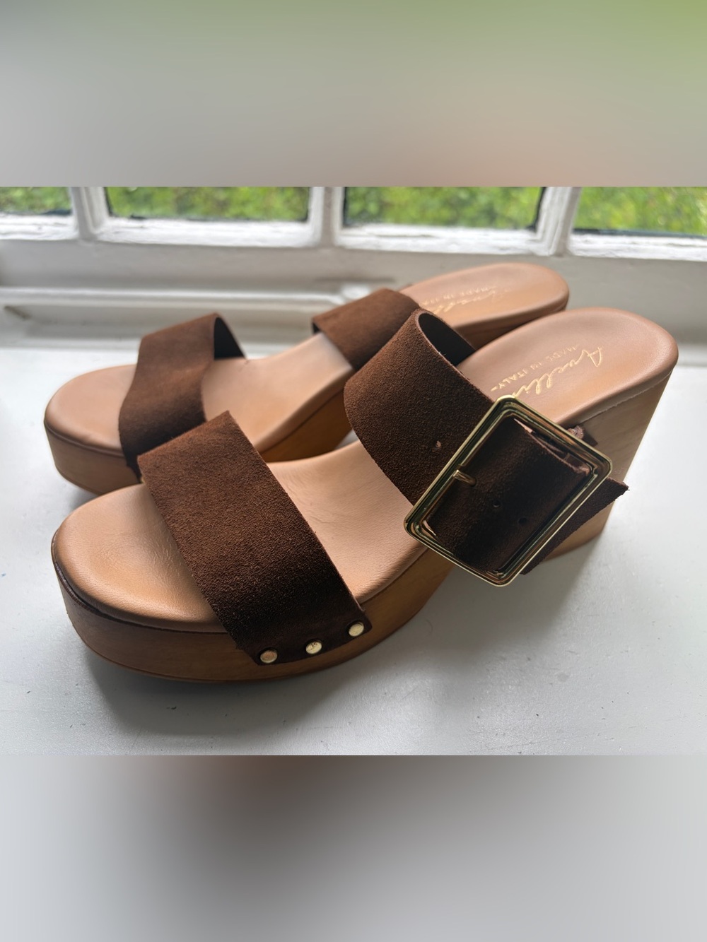 Women’s Brown Suede Platform Slide Sandals with Gold Buckle